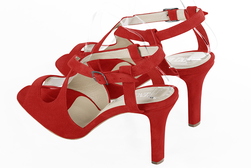 Cardinal red women's open back sandals, with crossed straps. Round toe. High slim heel. Rear view - Florence KOOIJMAN
